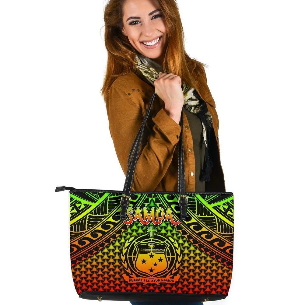 Polynesian Samoa Large Leather Tote Bag - Reggae Vintage Polynesian Patterns Reggae - Polynesian Pride