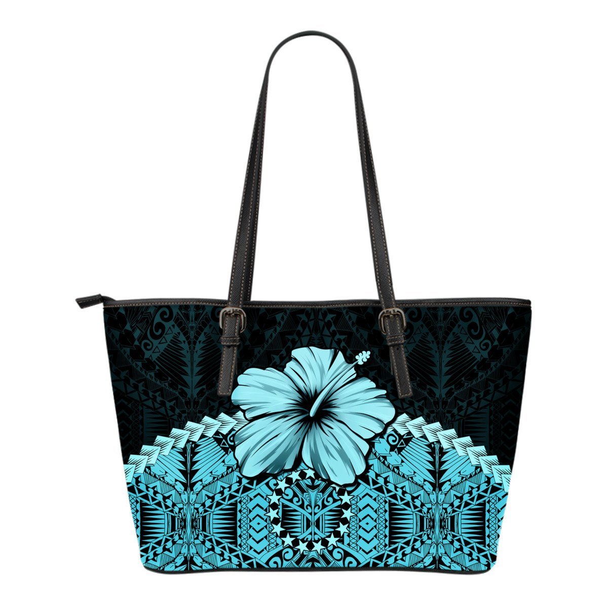 Cook Islands Small Leather Tote Bag - Hibiscus (Turquoise) Art - Polynesian Pride