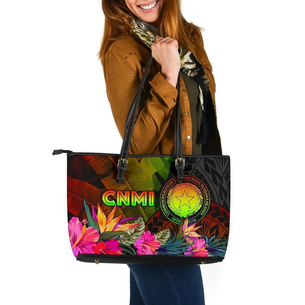 Northern Mariana Islands Polynesian Large Leather Tote Bags - Hibiscus and Banana Leaves Reggae - Polynesian Pride