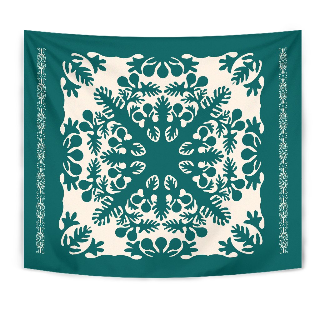 Hawaiian Quilt Tradition Turquoise Tapestry Wall Tapestry Green - Polynesian Pride