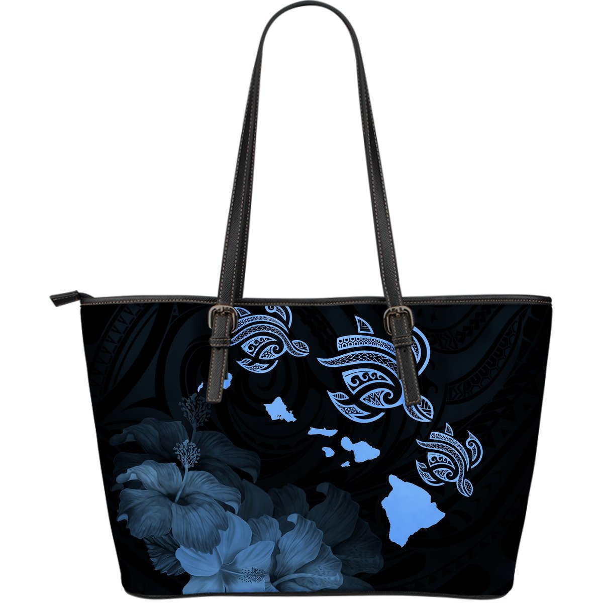 Hawaii Hibiscus Map Polynesian Ancient Blue Turtle Large Leather Tote Blue - Polynesian Pride