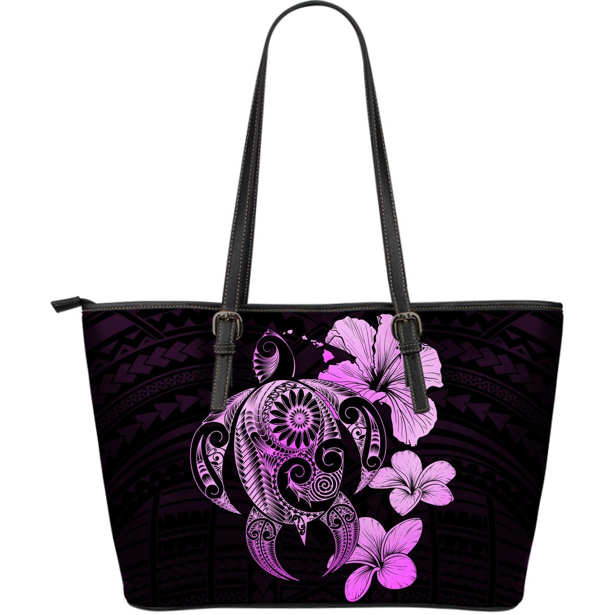 Hibiscus Plumeria Mix Polynesian Pink Turtle Large Leather Tote Pink - Polynesian Pride