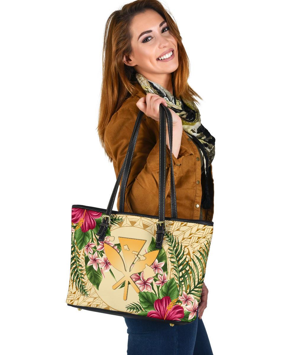 hawaiiSmall Leather Tote - Hammerhead Shark Small Leather Tote Strong Pattern Hibiscus Plumeria AH Gold - Polynesian Pride