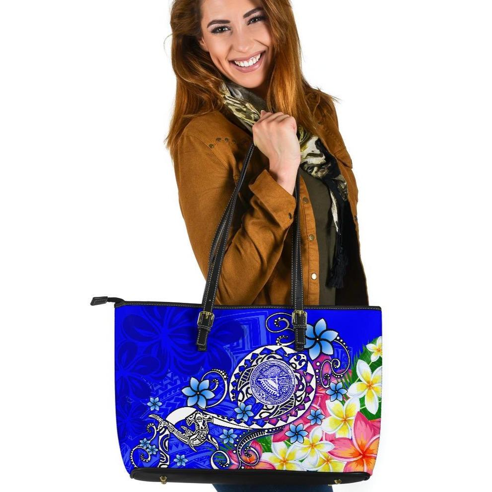 American Samoa Polynesian Large Leather Tote Bag - Turtle Plumeria (Blue) Blue - Polynesian Pride