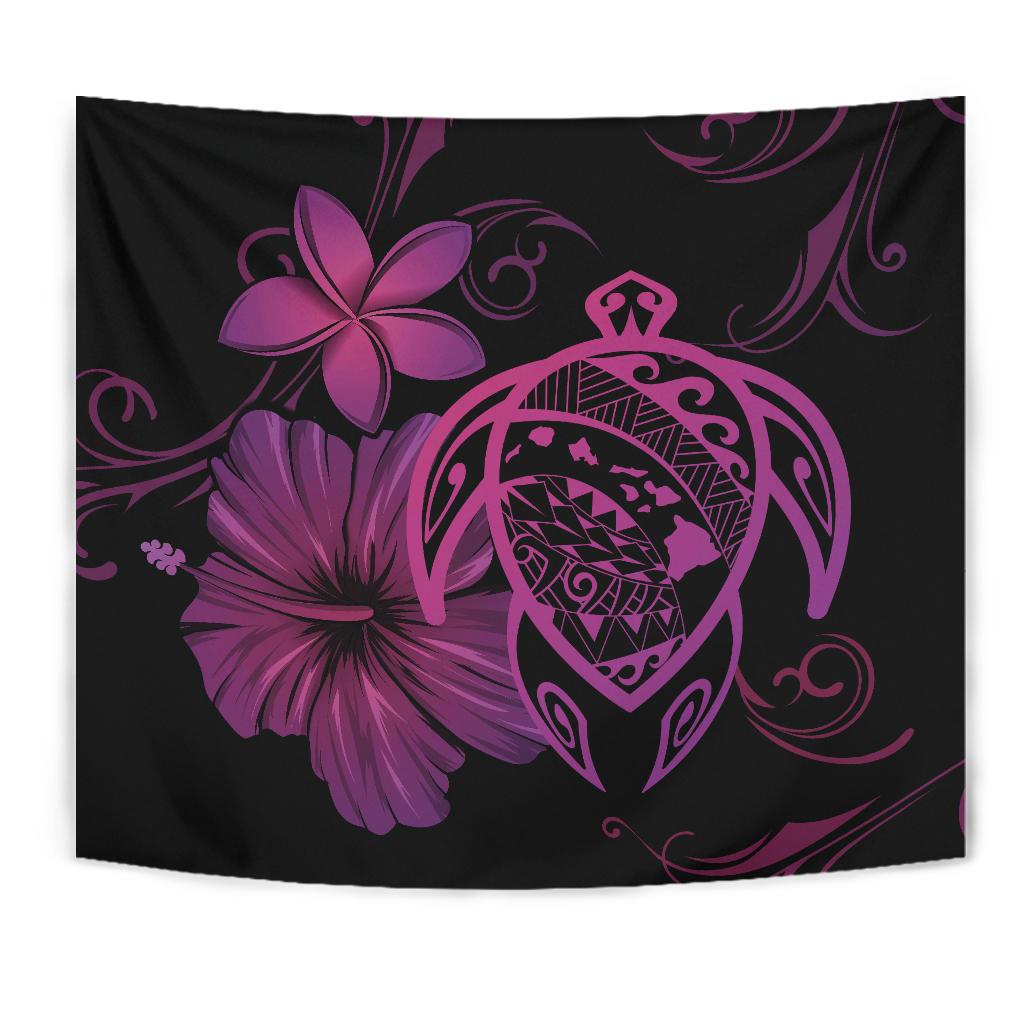 Hawaii Turtle Map Hibiscus Plumeria Poly Tapestry - Pink - Polynesian Pride