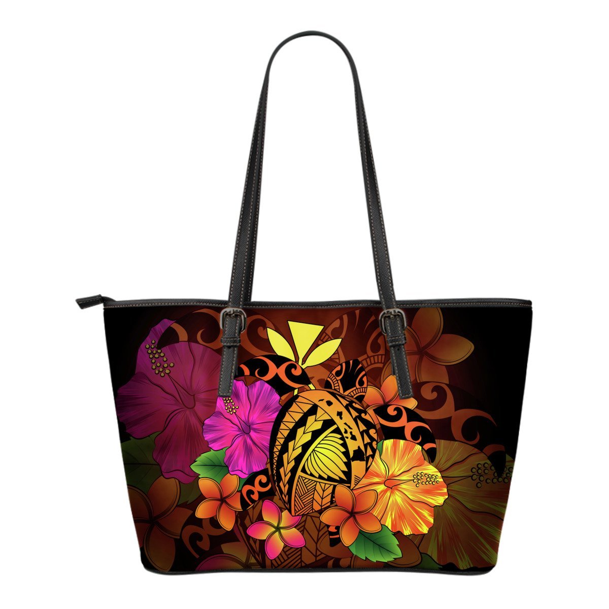 Hawaii Turtle Tribal Map Hibiscus Plumeria Small Leather Tote Orange - Polynesian Pride