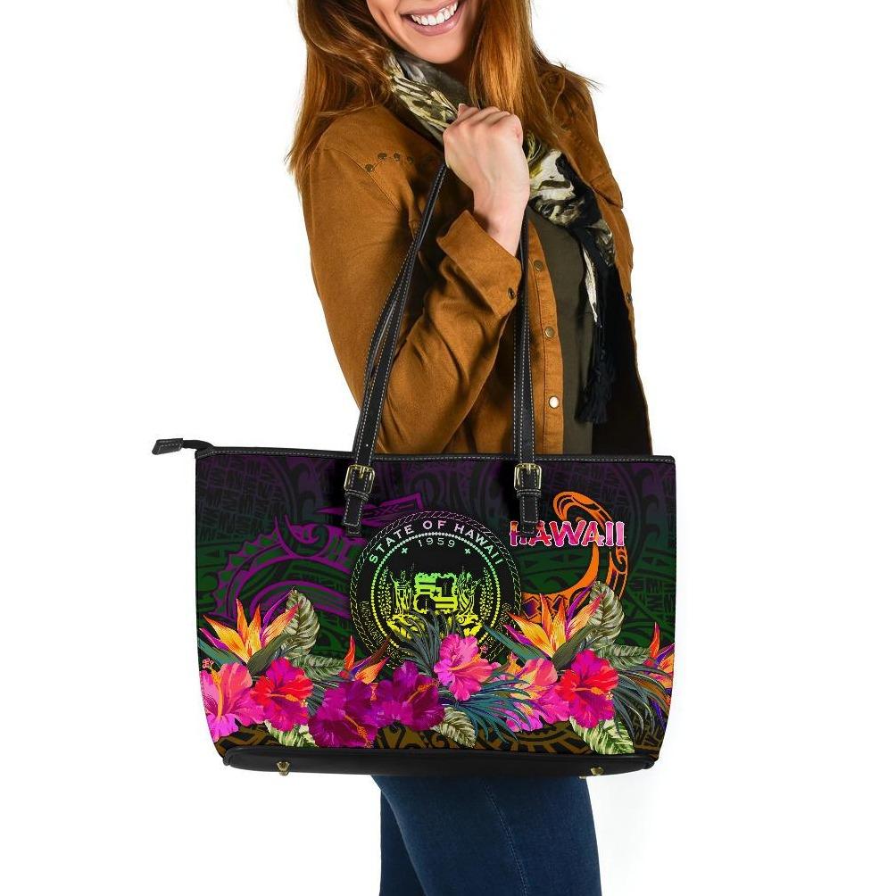 Polynesian Hawaii Large Leather Tote - Summer Hibiscus Reggae - Polynesian Pride