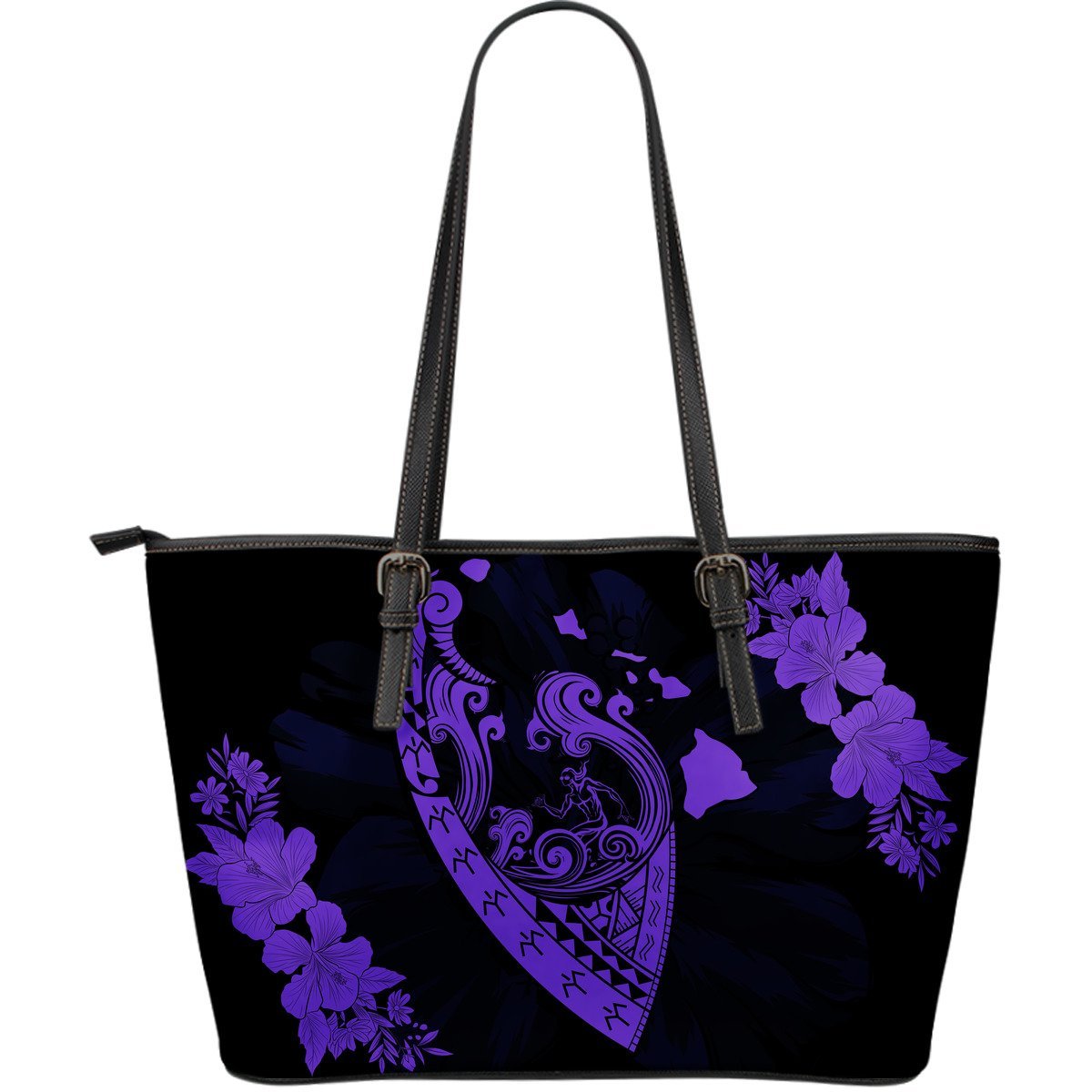 Hawaii Hibiscus Banzai Surfing Large Leather Tote Purple Purple - Polynesian Pride