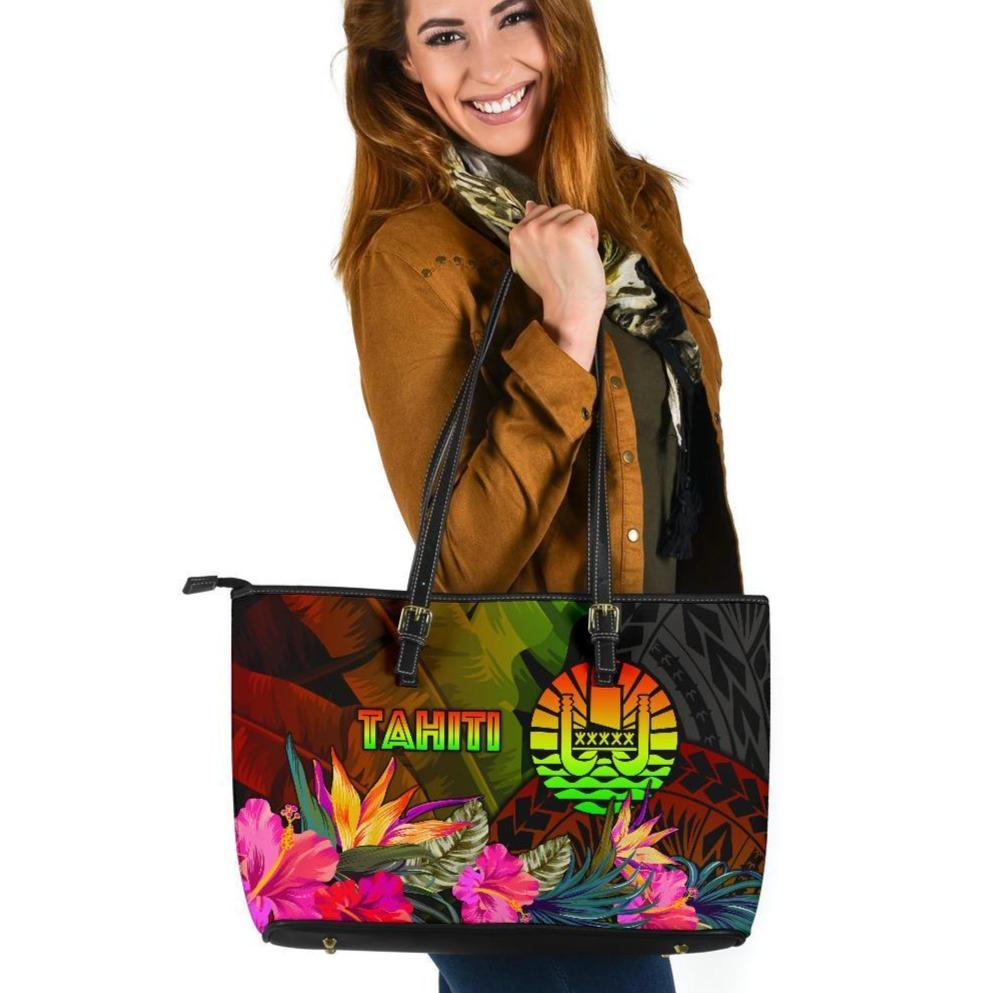 Tahiti Polynesian Large Leather Tote Bag - Hibiscus and Banana Leaves Reggae - Polynesian Pride