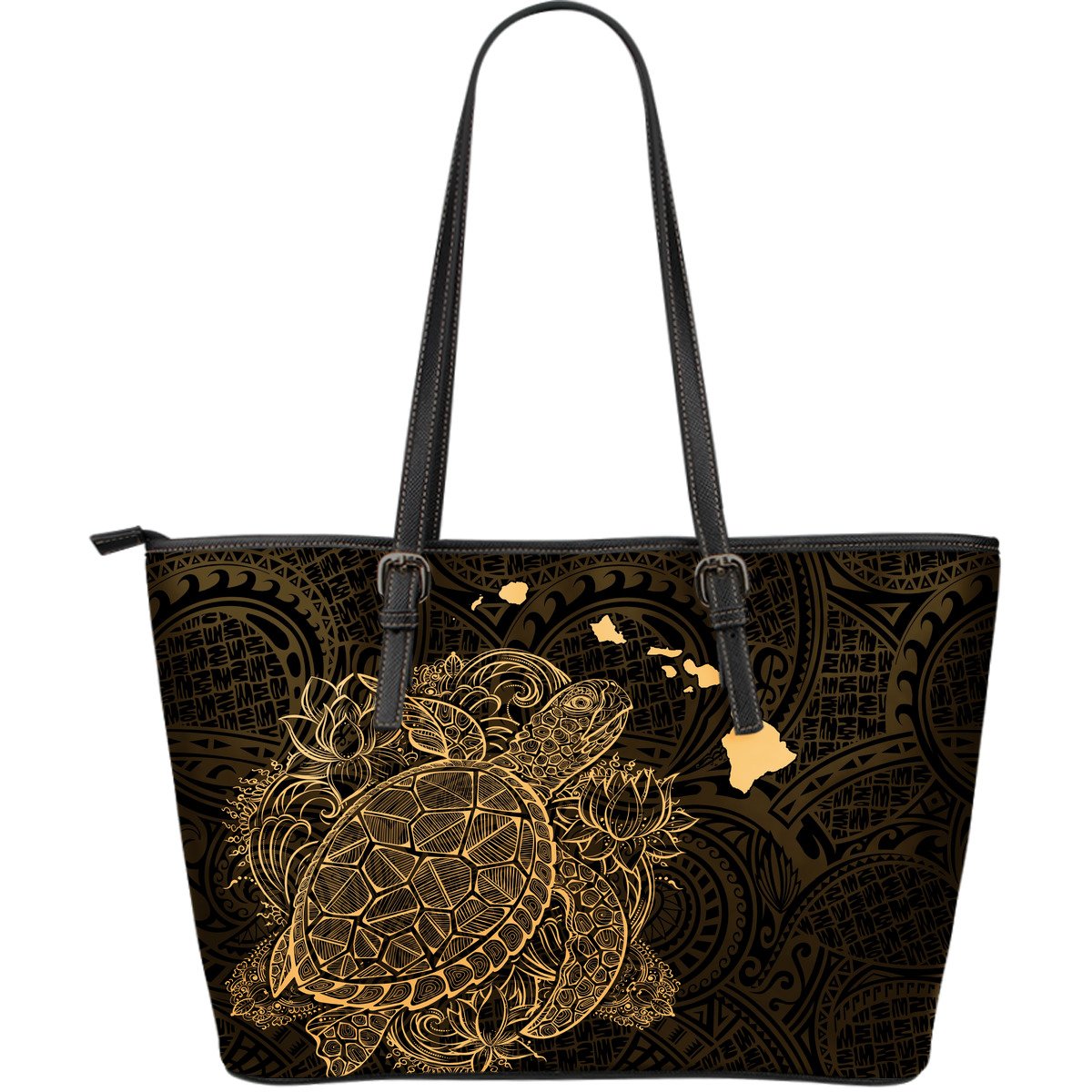 Polynesian Hawaii Leather Tote - Turtle Map Gold Black - Polynesian Pride