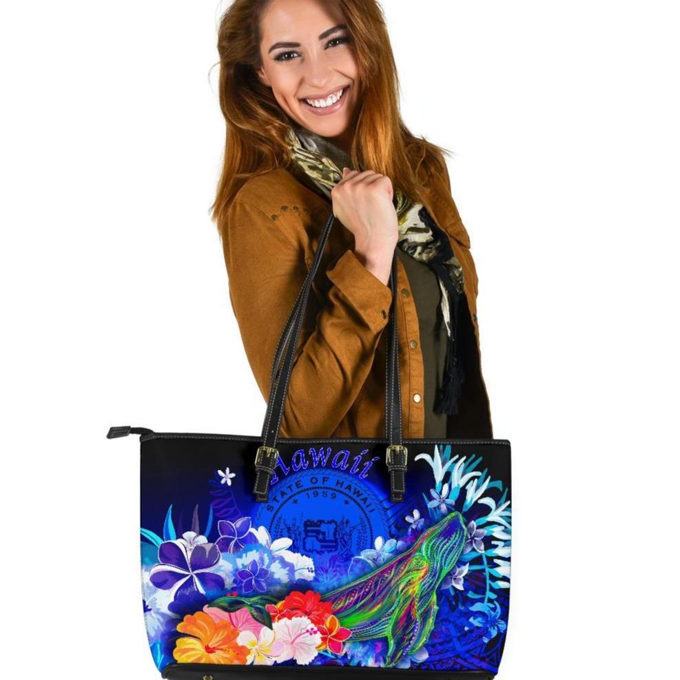 Polynesian Hawaii Leather Tote Bag - Humpback Whale with Tropical Flowers (Blue) Blue - Polynesian Pride