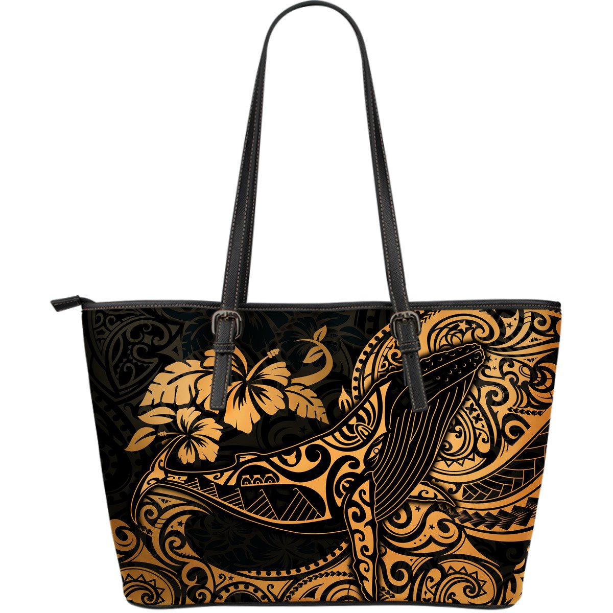 Polynesian Hawaii Leather Tote Bag - Polynesian Golden Humpback Whale Golden - Polynesian Pride