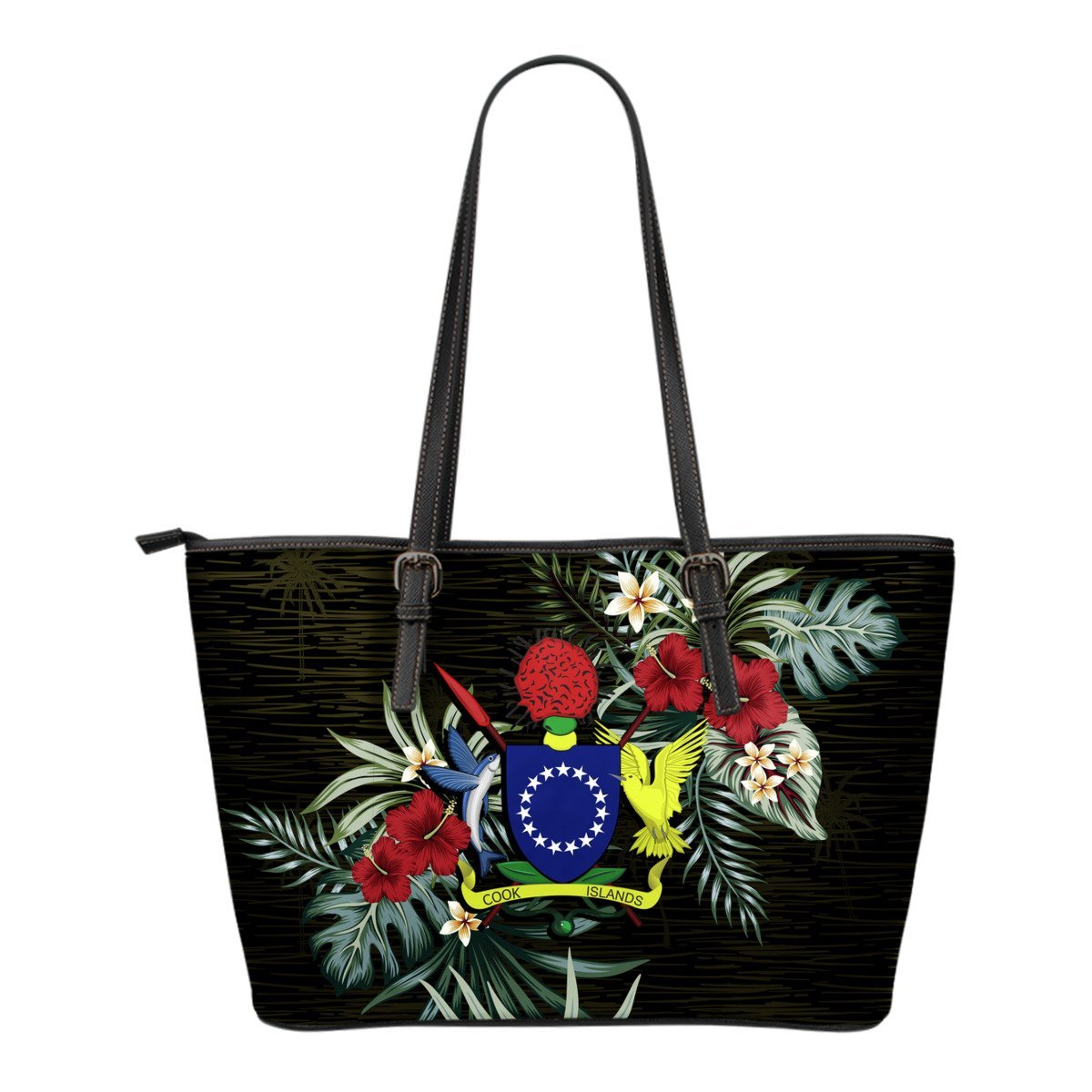 Cook Islands Hibiscus Small Leather Tote Bag Black - Polynesian Pride