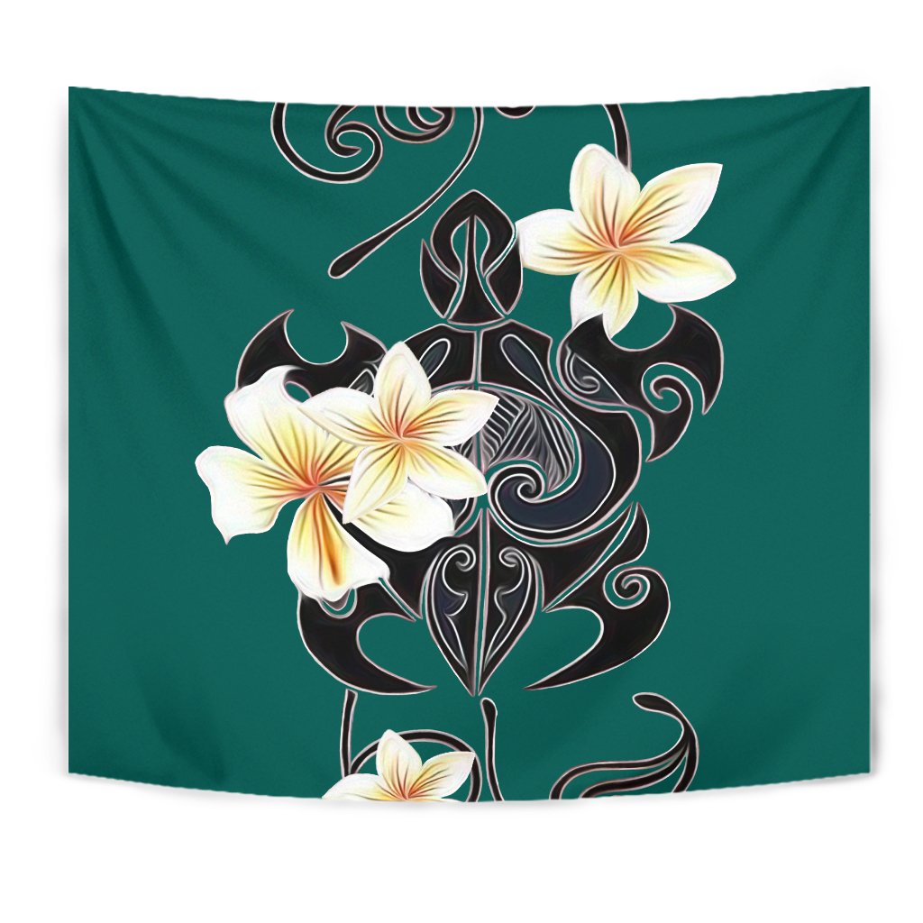 Turtle Poly Tribal Plumeria Turquoise Tapestry Wall Tapestry Green - Polynesian Pride