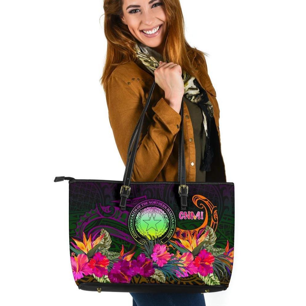 Northern Mariana Islands Polynesian Large Leather Tote Bag - Summer Hibiscus Reggae - Polynesian Pride