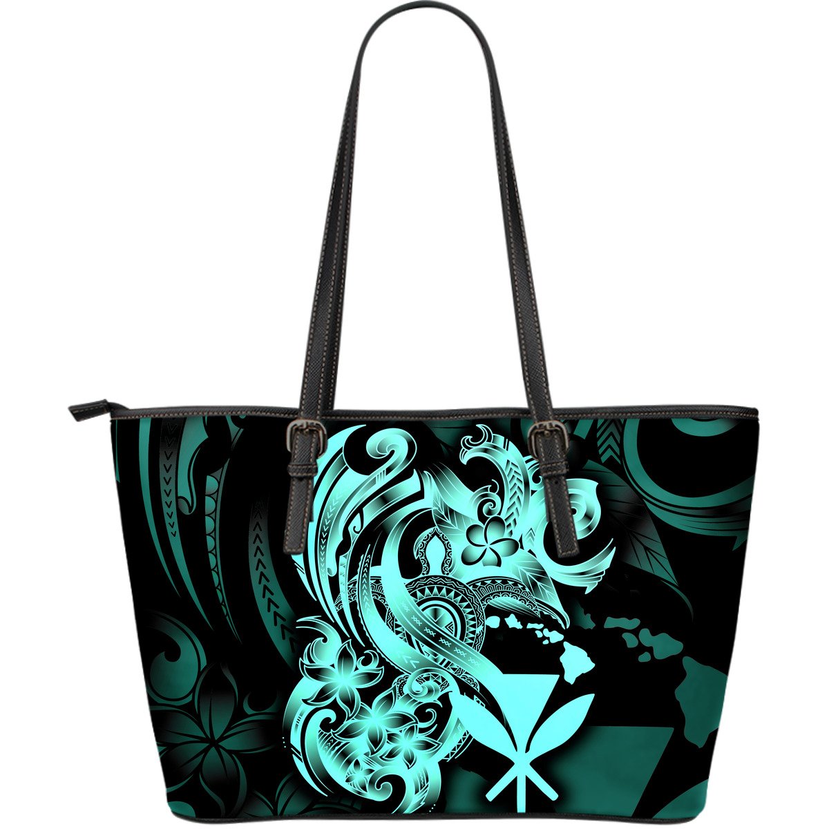 Polynesian Hawaii Leather Tote Bag - Kanaka Maoli Blue Turtle Blue - Polynesian Pride