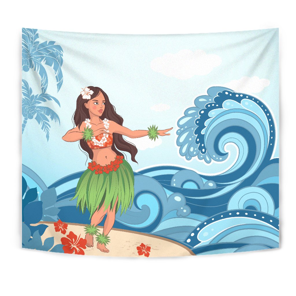 Hula Dance Cartoon Tapestry Wall Tapestry Blue - Polynesian Pride