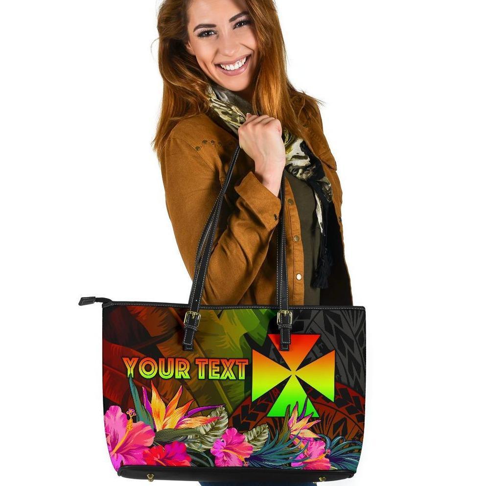 Wallis and Futuna Polynesian Personalised Large Leather Tote Bag - Hibiscus and Banana Leaves Reggae - Polynesian Pride