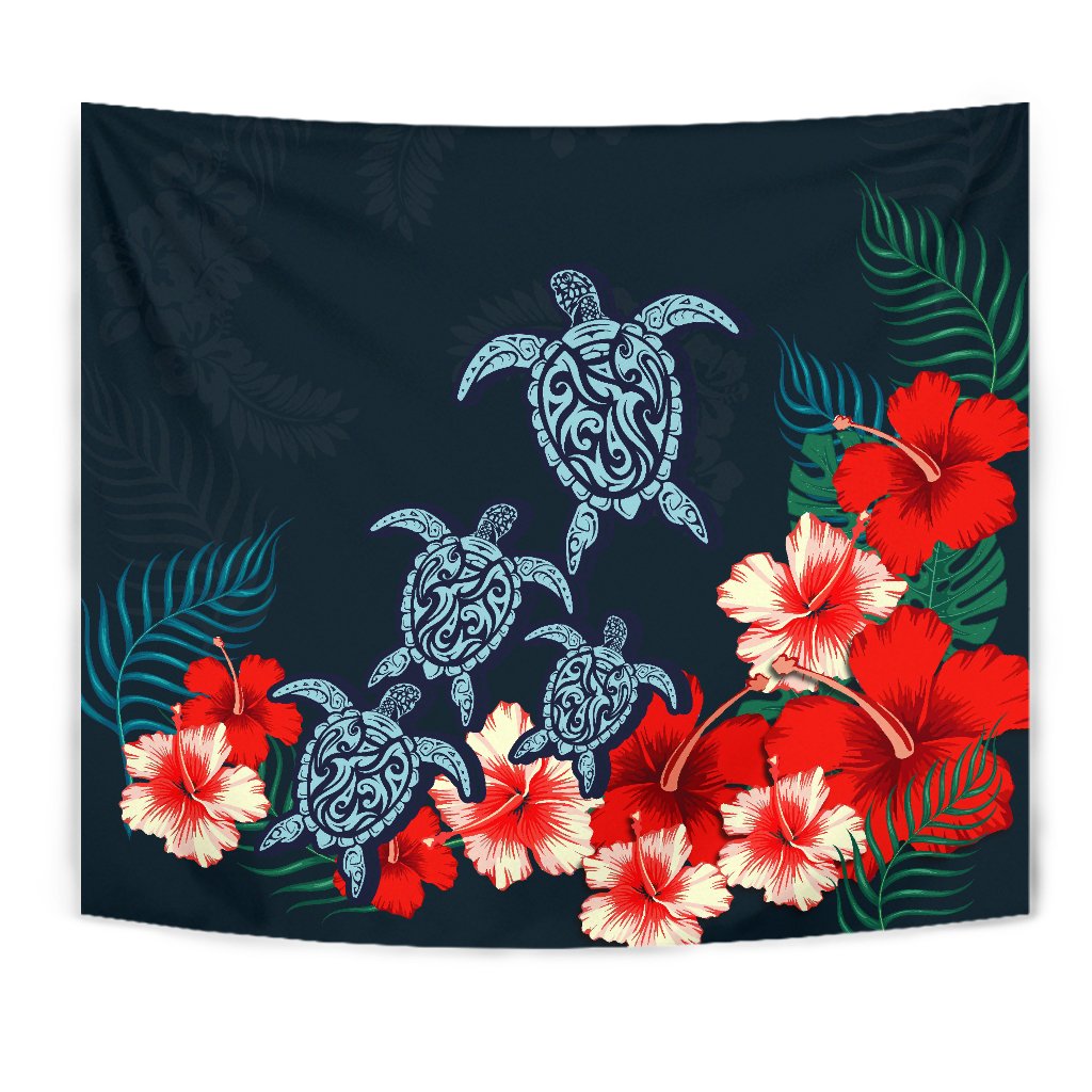 Hibiscus And Turtle Skillful Tapestry Wall Tapestry Black - Polynesian Pride