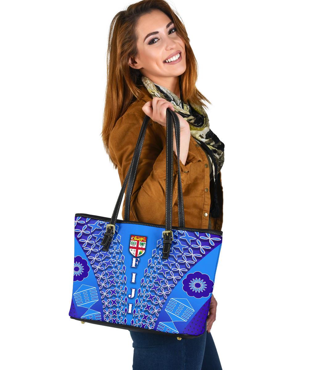 Fiji Drua Small Leather Tote Tapa Blue - Polynesian Pride