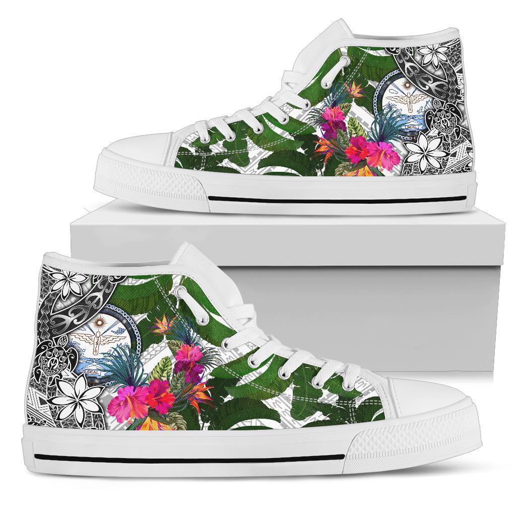 Marshall Islands High Top Shoes White - Turtle Plumeria Banana Leaf Crest Unisex White - Polynesian Pride