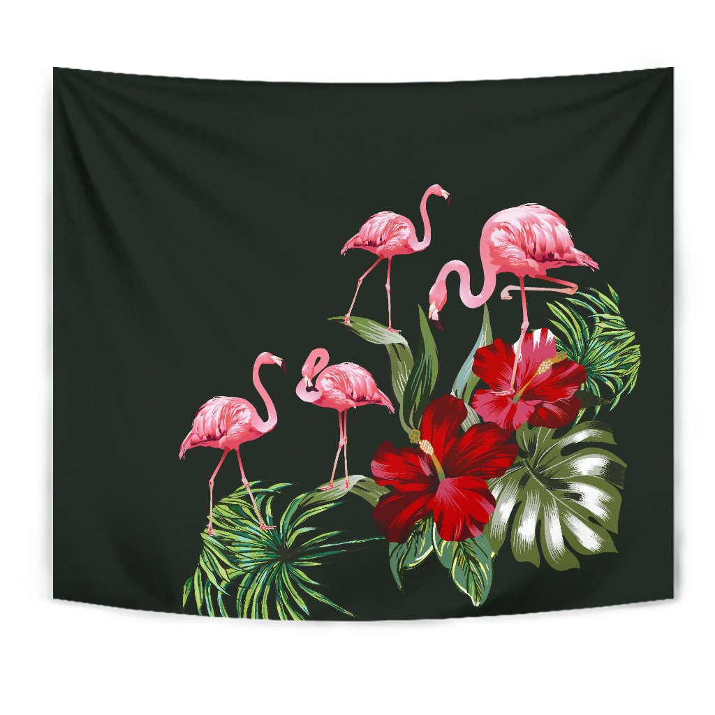 Hibiscus Flamingo Tapestry Wall Tapestry Black - Polynesian Pride