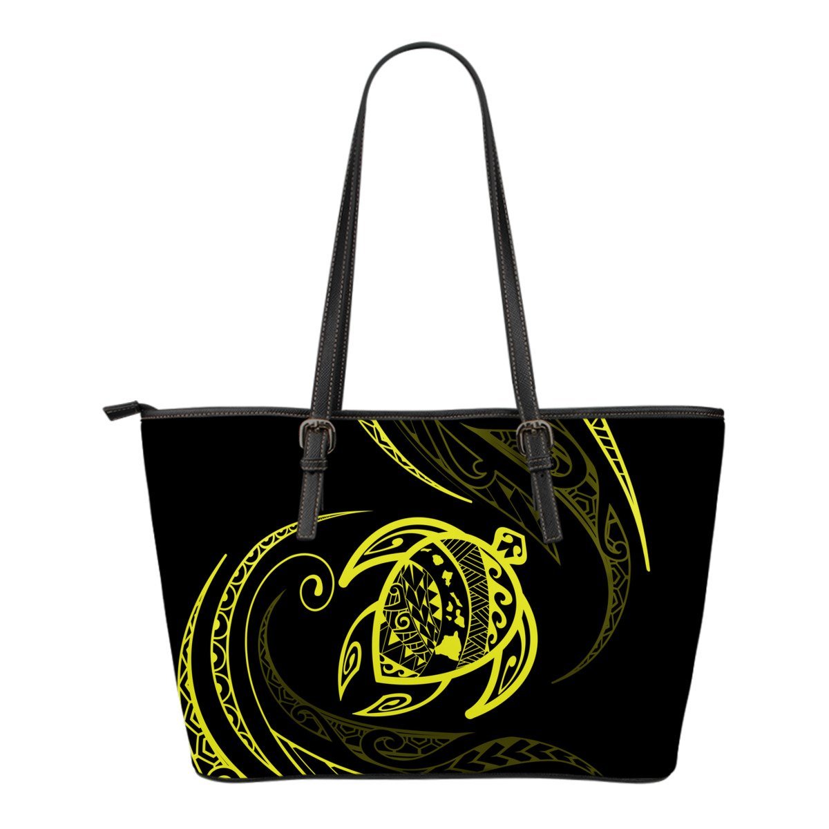 Hawaii Turtle Small Leather Tote - Yellow - Frida Style Black - Polynesian Pride