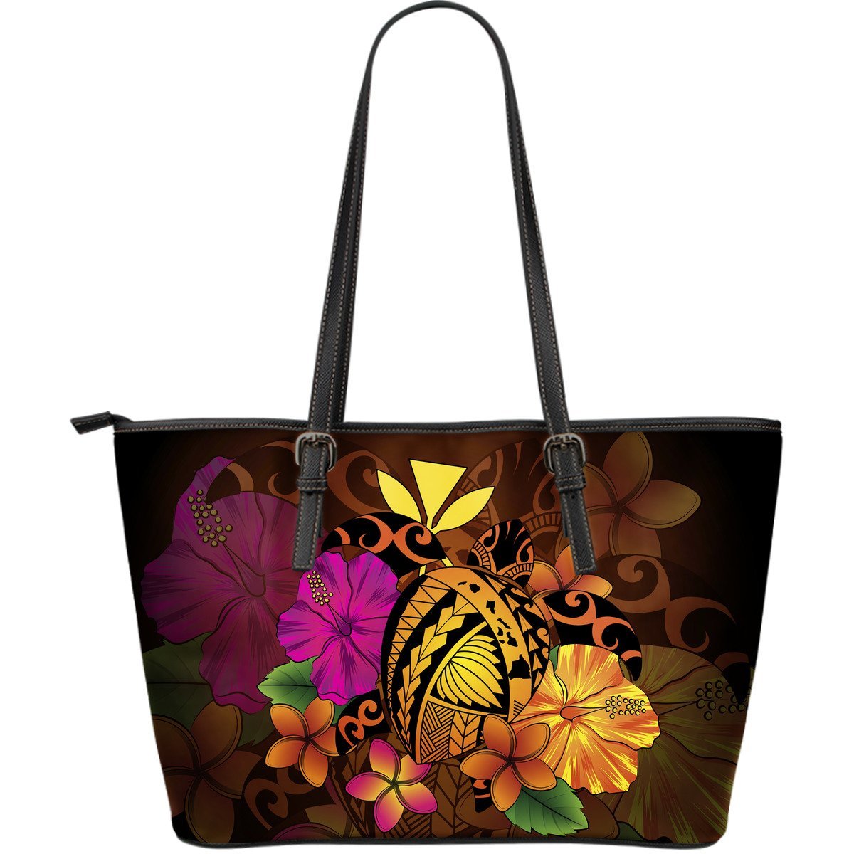 Hawaii Turtle Tribal Map Hibiscus Plumeria Large Leather Tote Art - Polynesian Pride