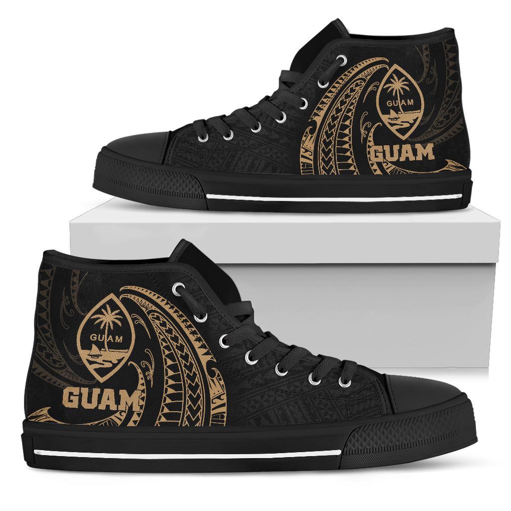 Guam Polynesian High Top Shoes - Gold Tribal Wave Unisex Black - Polynesian Pride