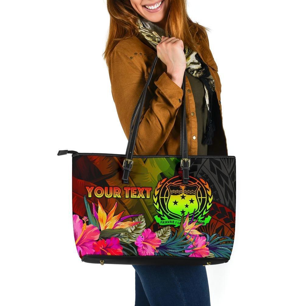 Samoa Polynesian Personalised Large Leather Tote Bag - Hibiscus and Banana Leaves Reggae - Polynesian Pride