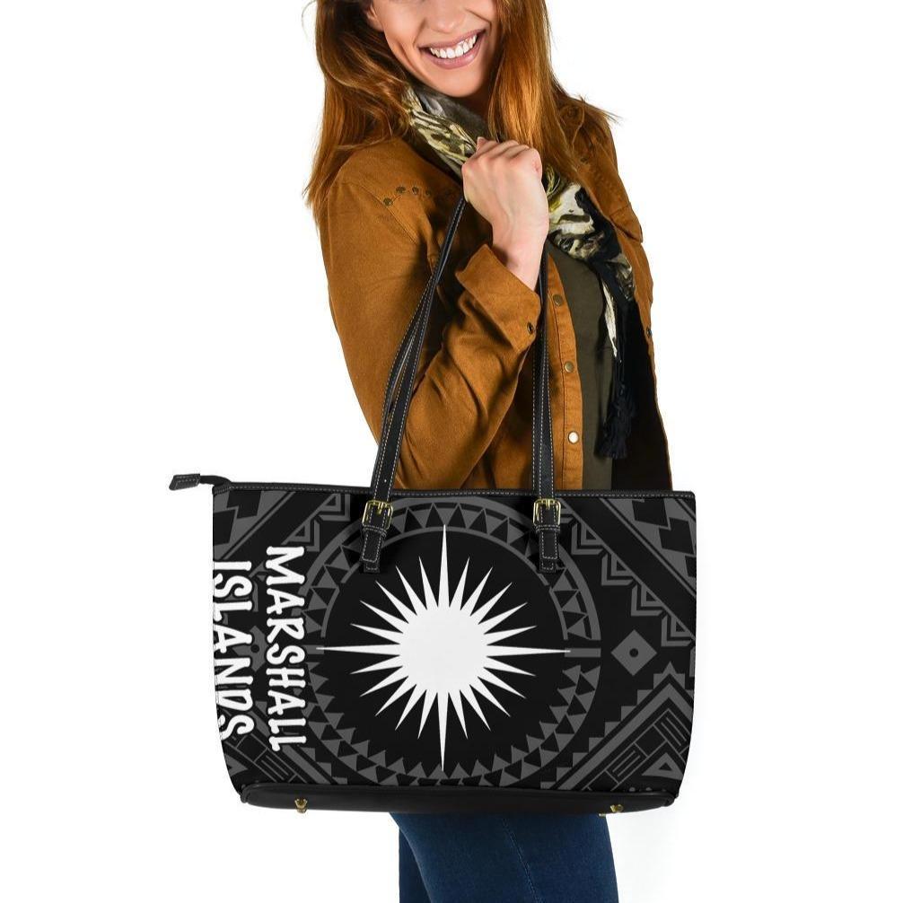 Marshall Large Leather Tote Bag - Marshall Seal With Polynesian Tattoo Style ( Black) Black - Polynesian Pride