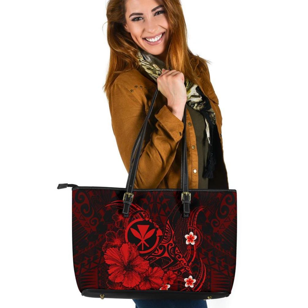 Polynesian Hawaii Kanaka Maoli Leather Tote Bag - Humpback Whale with Hibiscus (Red) Red - Polynesian Pride