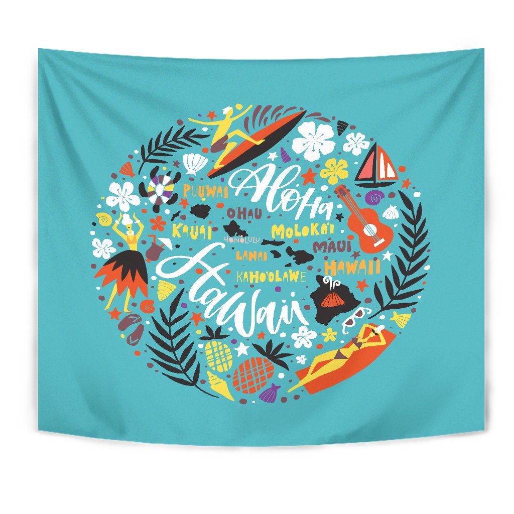 Hawaii All Symbol Tapestry Wall Tapestry Blue - Polynesian Pride