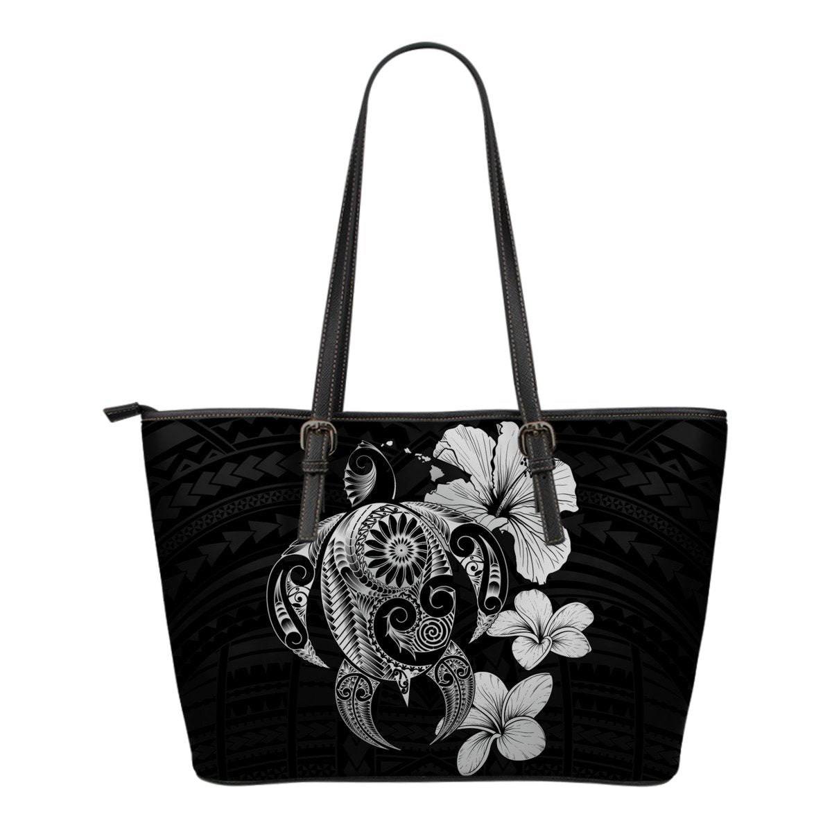 Hibiscus Plumeria Mix Polynesian Gray Turtle Small Leather Tote Gray - Polynesian Pride