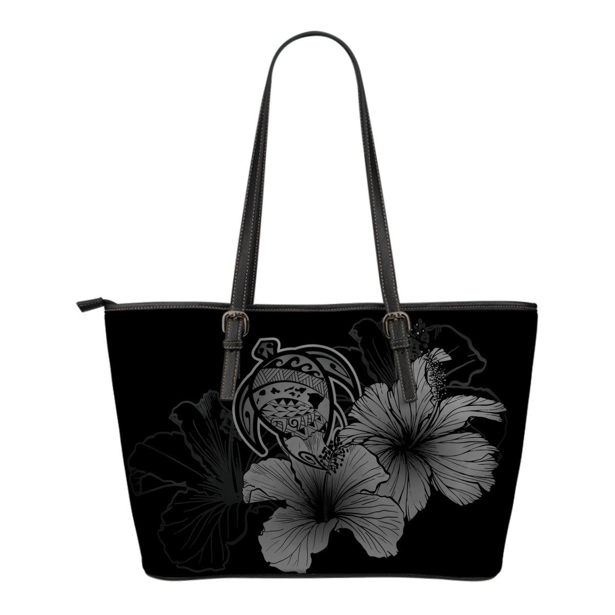 Hawaii Hibiscus Small Leather Tote Bag - Turtle Map - Gray Gray - Polynesian Pride