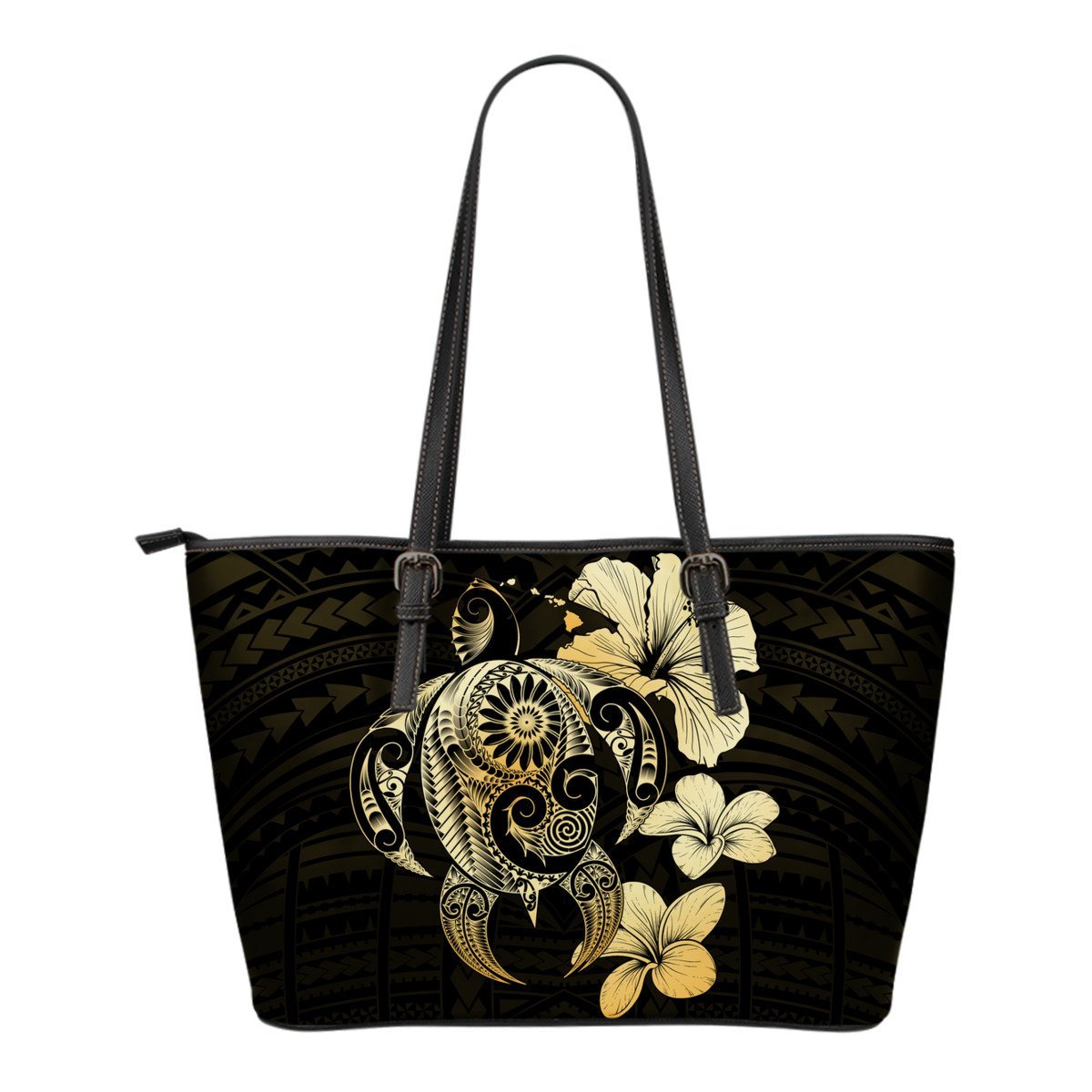 Hibiscus Plumeria Mix Polynesian Gold Turtle Small Leather Tote Gold - Polynesian Pride