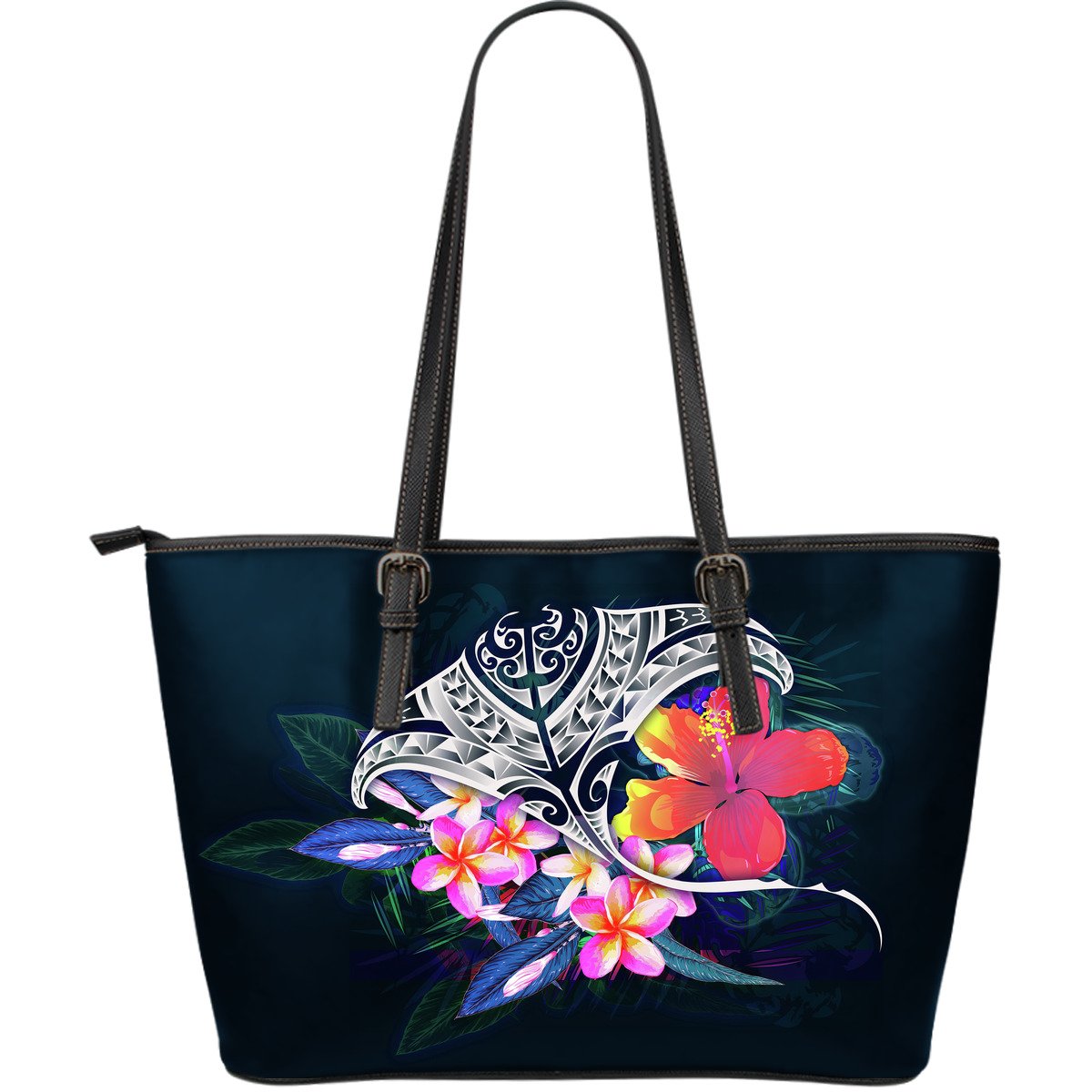 Polynesian Leather Tote Bag - Manta Ray And Hibiscus Blue - Polynesian Pride