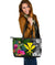 Hawaii Large Leather Tote Bag - Turtle Plumeria Banana Leaf Black - Polynesian Pride