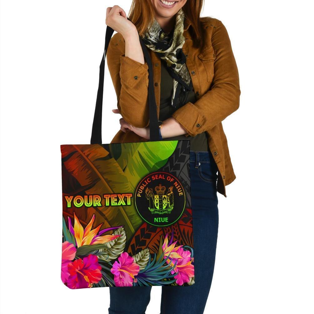 Niue Polynesian Personalised Tote Bag - Hibiscus and Banana Leaves Tote Bag One Size Reggae - Polynesian Pride