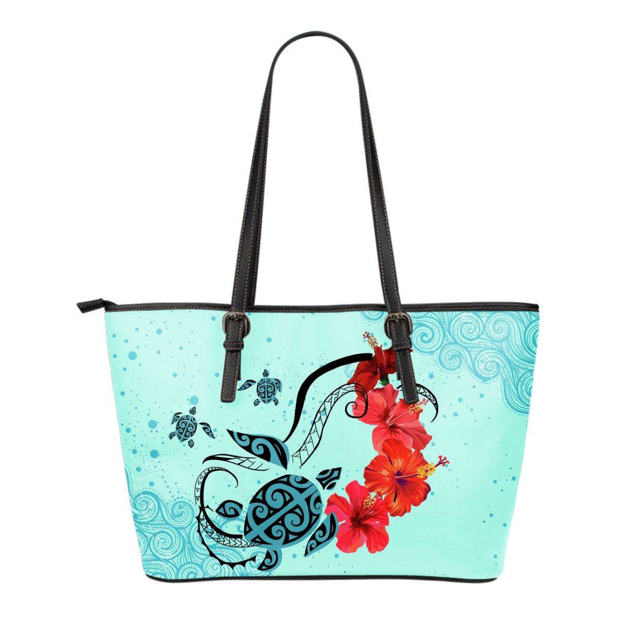 Turtle And Hibiscus Small Leather Tote Bag 01 White - Polynesian Pride