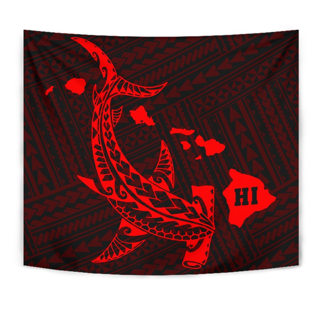 Hawaii Shark Red Polynesian Tribal Tapestry Wall Tapestry Red - Polynesian Pride