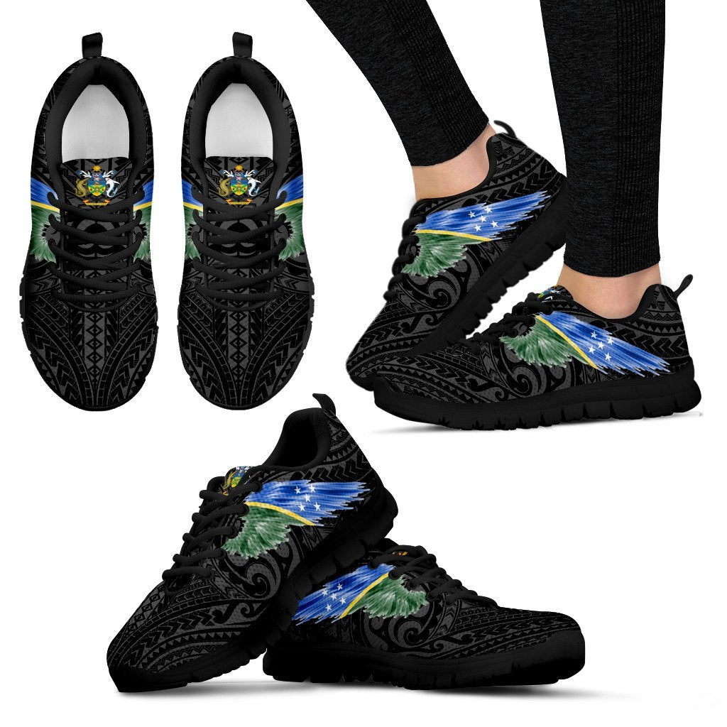 Solomon Islands Sneakers - Solomon Islands Coat Of Arms & Flag Wing - A8 Unisex Black - Polynesian Pride