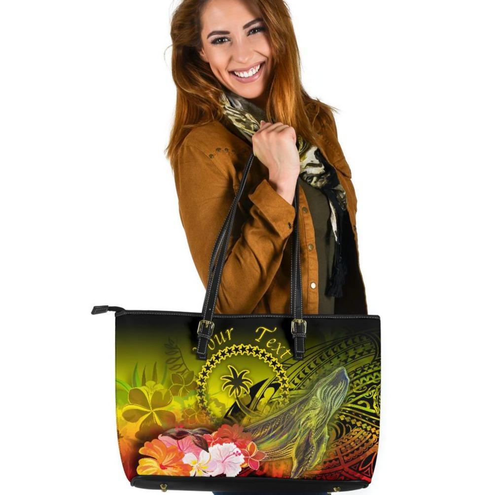 Custom Personalised Chuuk Large Leather Tote Bag - Humpback Whale with Tropical Flowers (Yellow) Yellow - Polynesian Pride