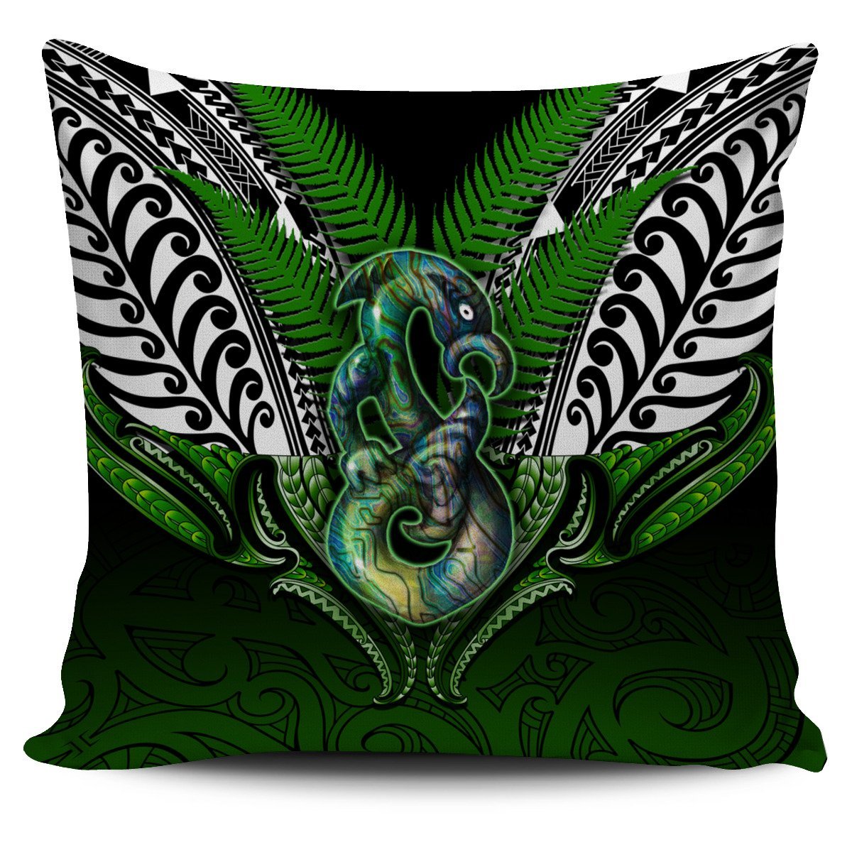 Manaia Mythology Pillow Cover Silver Fern Maori Tattoo Pillow Cover One Size Green - Polynesian Pride