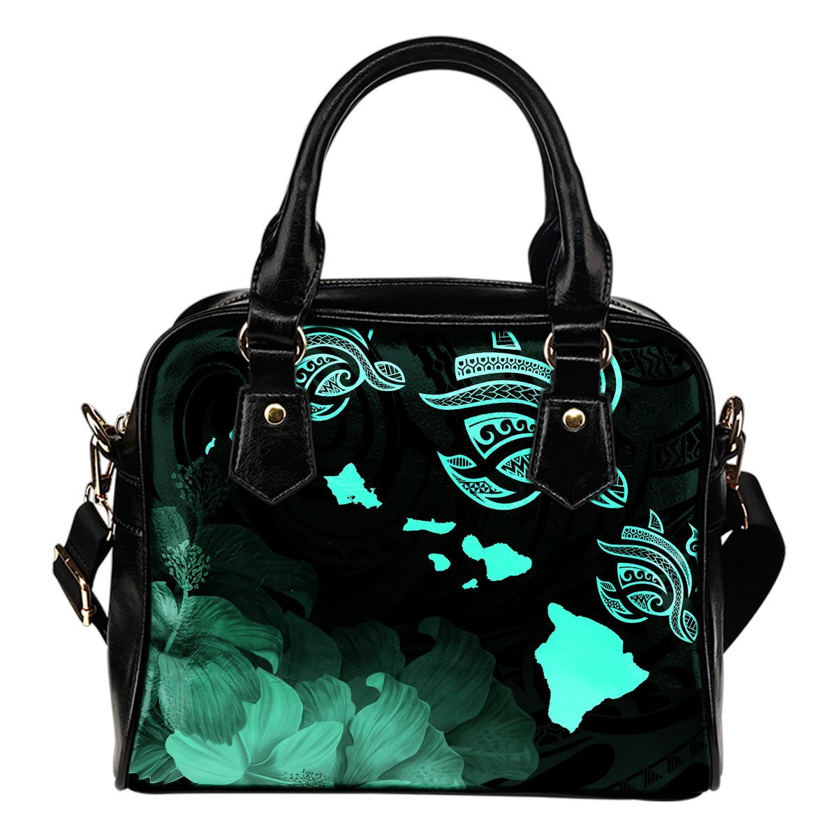 Hawaii Hibiscus Map Polynesian Ancient Turquoise Turtle Shoulder Handbag One Size Turquoise - Polynesian Pride