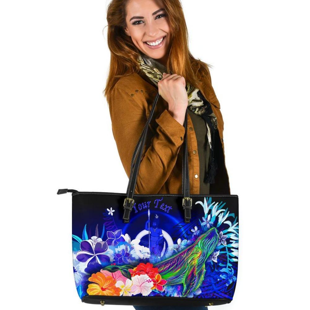 Vanuatu Custom Personalised Leather Tote Bag - Humpback Whale with Tropical Flowers (Yellow) Black - Polynesian Pride