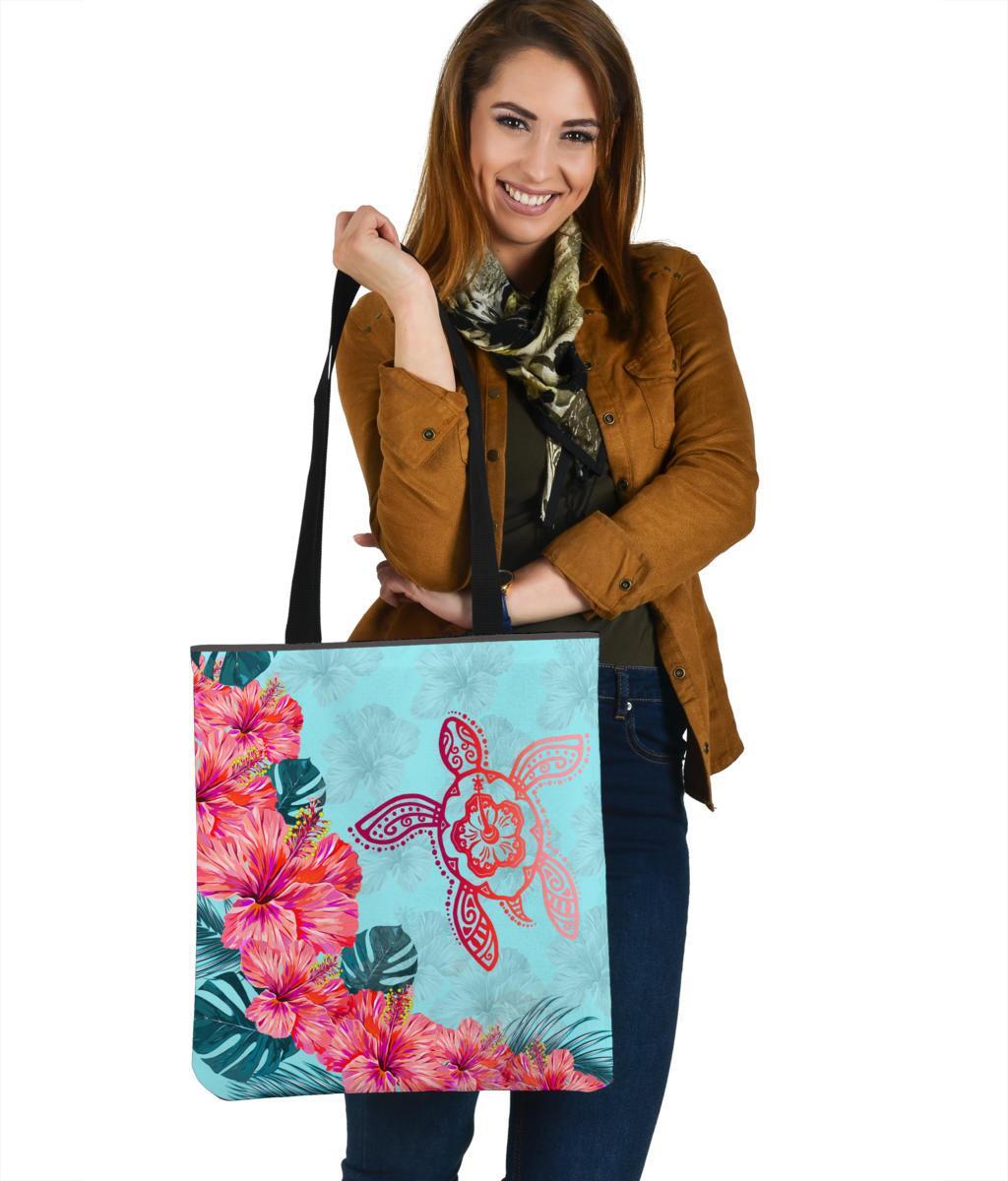 Hawaii Tote Bag Hibiscus Turtle Blue Mint AH Tote Bag One Size Blue Mint - Polynesian Pride