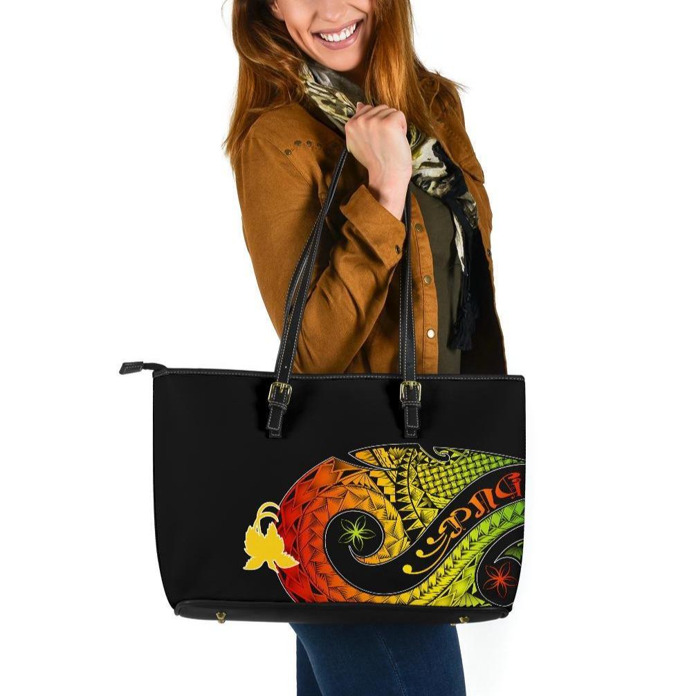 Papua New Guinea Large Leather Tote Bag - PNG Bird And Polynesian Decorative Pattern Reggae - Polynesian Pride