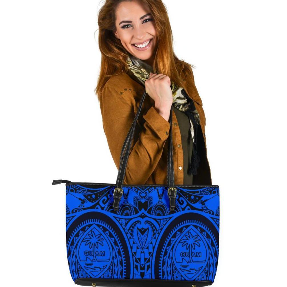 Polynesian Large Leather Totes - Guam Flag, Seal with Maui Moana Tattoo Blue - Polynesian Pride