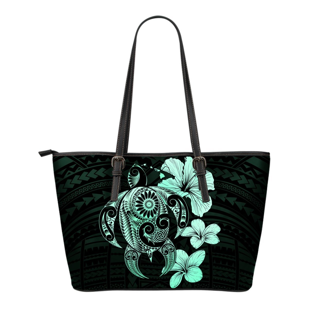 Hibiscus Plumeria Mix Polynesian Turquoise Turtle Small Leather Tote Turquoise - Polynesian Pride